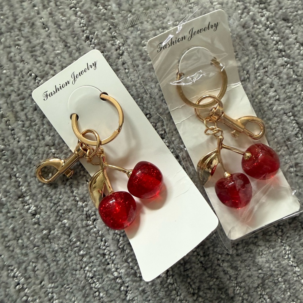 Gold Cherry Keychain & Card Holder Charm - Red